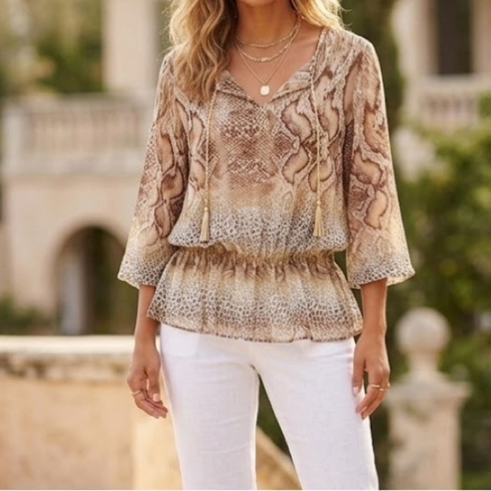 Cache Snake Print Tasseled Long Sleeve Blouse XL
